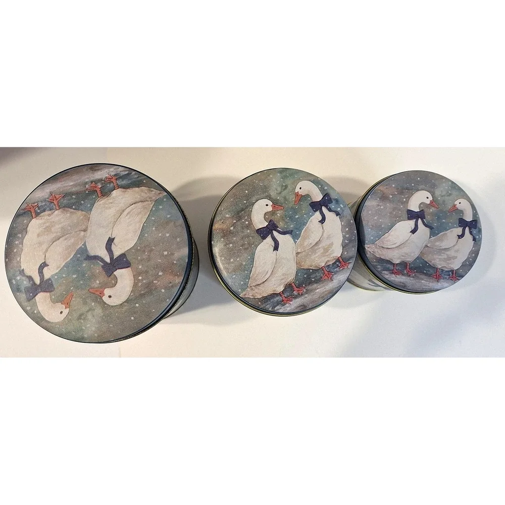 Vintage Geese with Blue Bows Nesting Canister Tin Set 3 Piece Cottagecore Decor
